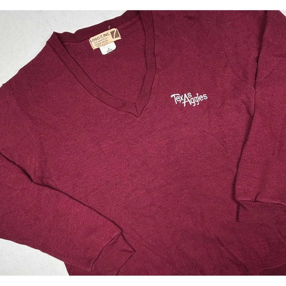 VTG‎ 70s Texas Aggies V Neck Pullover Sweater A&M Maroon Medium Fall Logo 7 EUC